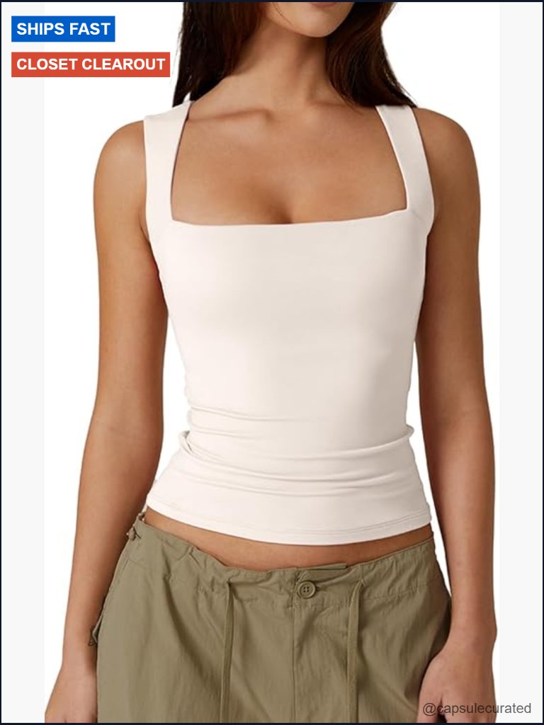Square Neck Sleeveless Double-Layer Tank Top Basic Tight T-Shirt
